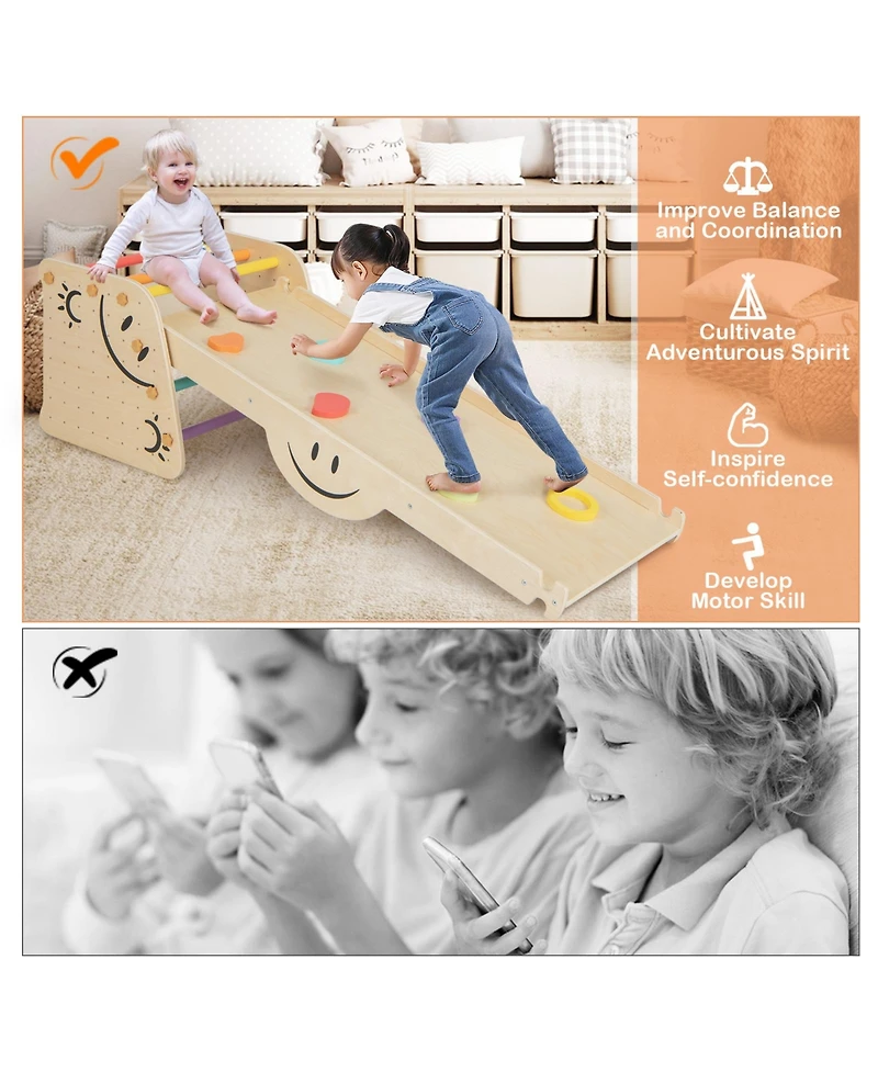 Wooden Climbing Toy Triangle Climber Set with Seesaw-Multicolor