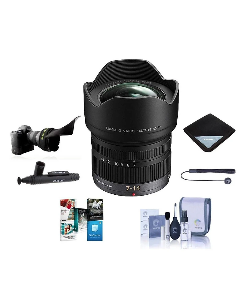 Panasonic Lumix G Vario 7-14mm f/4 Aspherical Lens for Micro Four Thirds, Bundle with Lens Wrap, Flex Lens Shade, Cleaning Kit, Lens Cap Tether, Lens