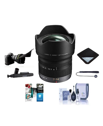 Panasonic Lumix G Vario 7-14mm f/4 Aspherical Lens for Micro Four Thirds, Bundle with Lens Wrap, Flex Lens Shade, Cleaning Kit, Lens Cap Tether, Lens