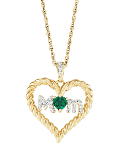 Lab-Created Emerald (1/5 ct. t.w.) & Diamond Accent Mom Heart Pendant Necklace in 14k Gold-Plated Sterling Silver, 16" + 2" extender