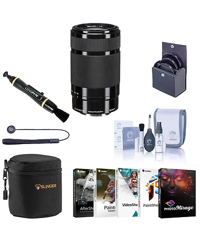 Sony E 55-210mm f/4.5-6.3 Oss Lens for Sony E, Black, Bundle with 49mm Filter Kit, Lens Case, Lens Cleaner, Cleaning Kit, Lens Cap Tether, Pc Software