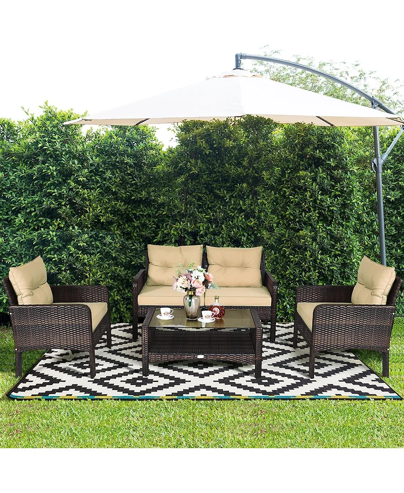 4PCS Patio Rattan Furniture Set Loveseat Sofa Coffee Table Garden W/ Cushion