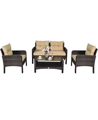4PCS Patio Rattan Furniture Set Loveseat Sofa Coffee Table Garden W/ Cushion