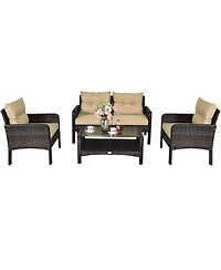 4PCS Patio Rattan Furniture Set Loveseat Sofa Coffee Table Garden W/ Cushion