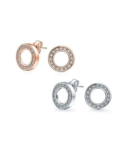 Bling Jewelry Set of 2 Open Circle Disc Pave Cz Stud Earrings Rose Gold Plated Sterling Silver