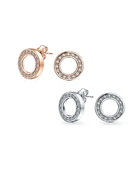 Bling Jewelry Set of 2 Open Circle Disc Pave Cz Stud Earrings Rose Gold Plated Sterling Silver