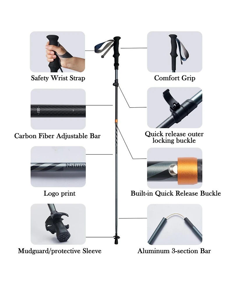Naturehike 1pc Carbon Fiber Trekking Pole, Ultralight Foldable Hiking Poles, Adjustable 115-135cm, Eva Grip, Tungsten Tip