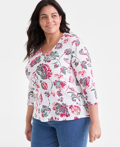 Style & Co Plus Printed 3/4-Sleeve Top, Exclusively at Macy's