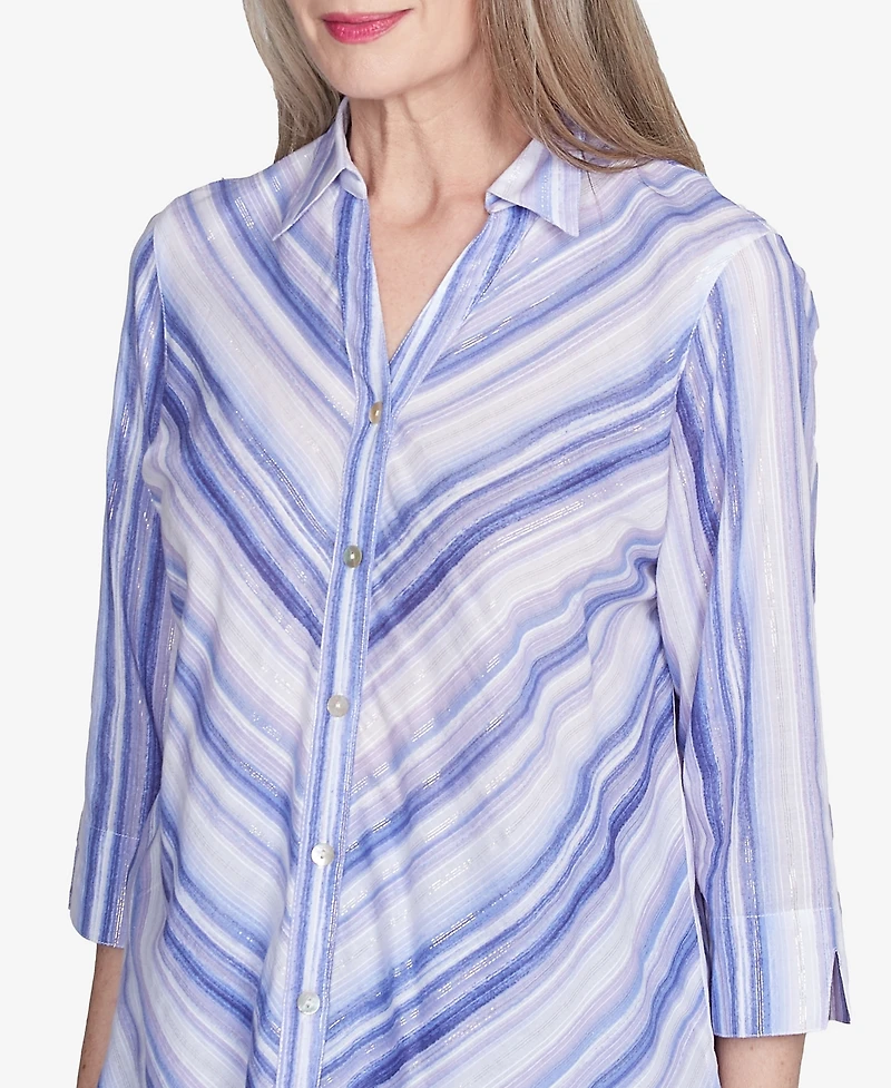 Alfred Dunner Petite Santa Fe Mitered Iris Stripe Button Down Top