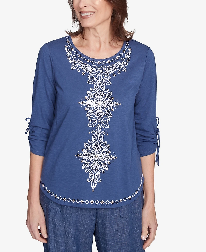 Alfred Dunner Petite Summer Solstice Embroidery Centered Tie Sleeve Top