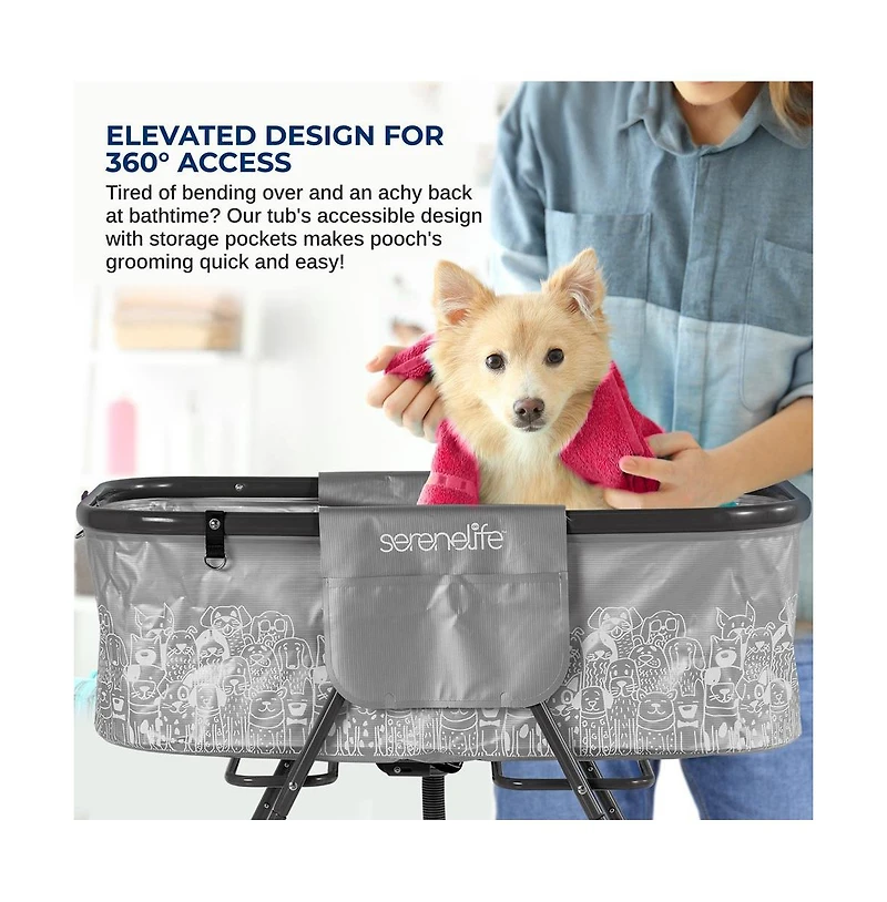 SereneLife Portable Dog Bath Tub with Drain System & Leash Restraint, Gray/Black