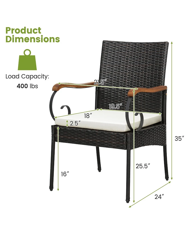 2PCS Patio Pe Wicker Chairs Acacia Wood Armrests withSoft Zippered Cushion Garden