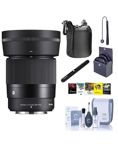 Sigma 30mm f/1.4 Dc Dn Contemporary Lens for Fujifilm X, Bundle with ProOptic 52mm Filter Kit, Lens Cleaner, Lens Pouch, Cleaning Kit, Cap Keeper, Pc