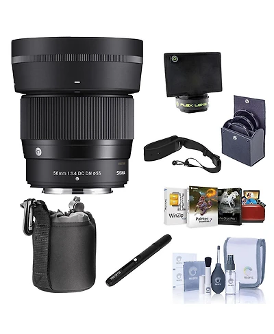 Sigma 56mm f/1.4 Dc Dn Contemporary Lens for Fujifilm X, Bundle with 55mm Filter Kit, Flex Lens Shade, Lens Pouch, Lens Cleaner, Cleaning Kit, Mac