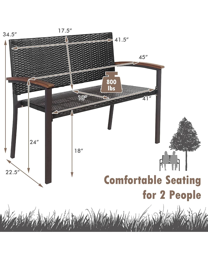 2 Pcs Outdoor Patio Rattan Wicker Bench Loveseat Chair Armrest Garden