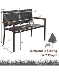 2 Pcs Outdoor Patio Rattan Wicker Bench Loveseat Chair Armrest Garden