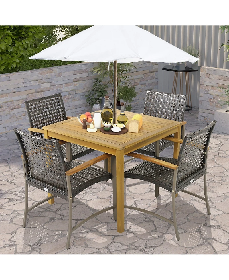 Gymax 5 Pcs Patio Dining Set Acacia Wood Table w/ 1.9'' Umbrella Hole Wicker Armchairs