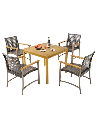 Gymax 5 Pcs Patio Dining Set Acacia Wood Table w/ 1.9'' Umbrella Hole Wicker Armchairs