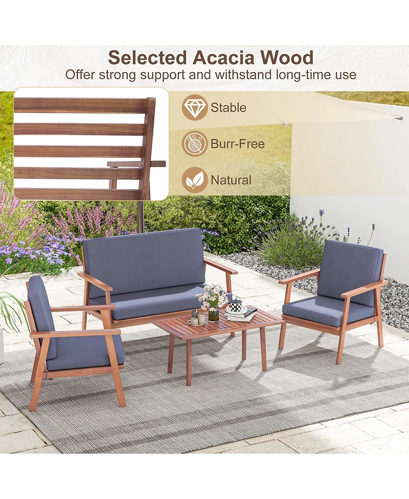 4 Pcs Patio Conversation Set Acacia Wood Sofa Coffee Table with Cushioned Seat