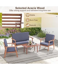 4 Pcs Patio Conversation Set Acacia Wood Sofa Coffee Table with Cushioned Seat