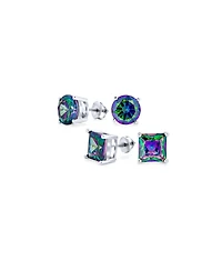 Bling Jewelry Set of 2 Round & Square Black Mystic Rainbow Cz Stud Earrings Sterling Silver
