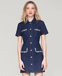 Avec Les Filles Women's Collared Button-Front Mini Denim Dress