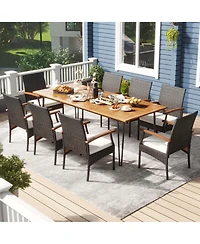 9 Pcs Outdoor Patio Dining Set Armchairs Set of 8 and Acacia Wood Square Table