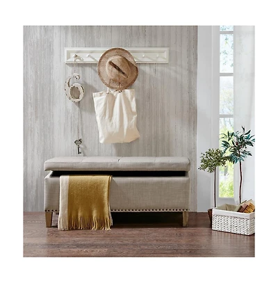 Modern Storage Bench with Soft-Close Lid, Grey Linen Upholstery, Black Wood Legs for Bedroom or Entryway-The Pop Home