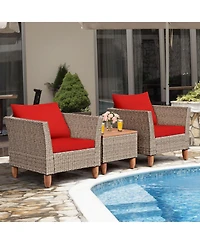 3PCS Patio Rattan Bistro Furniture Set Wood Table Top Cushion Sofa