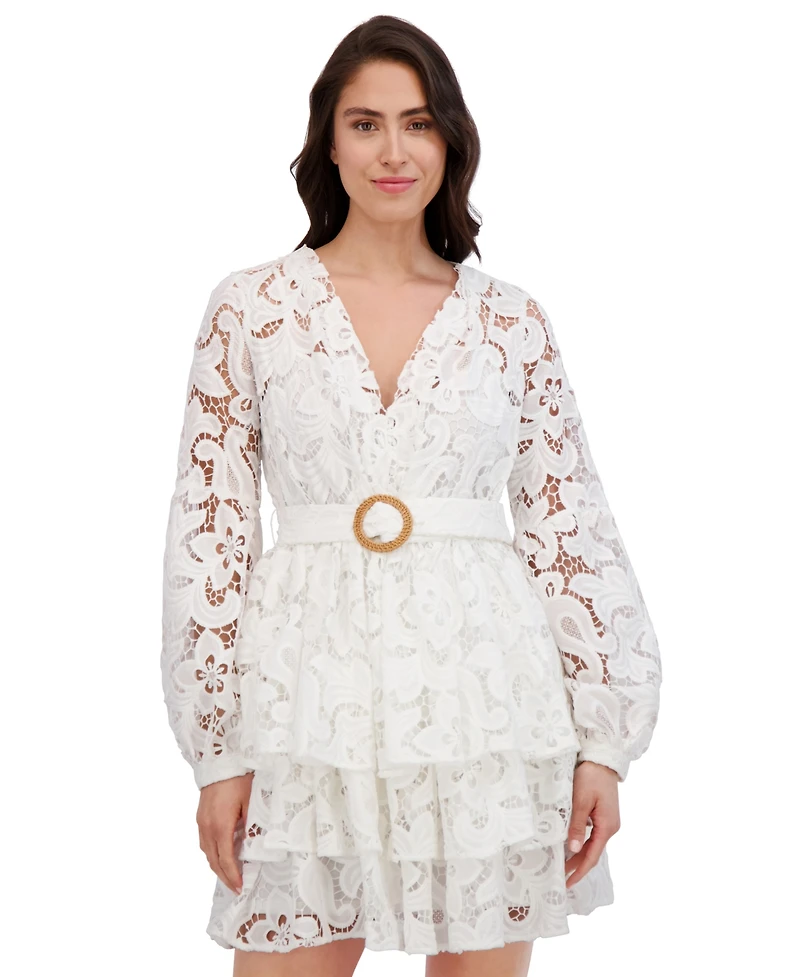 Siena Women's Blouson-Sleeve Tiered Lace A-Line Dress