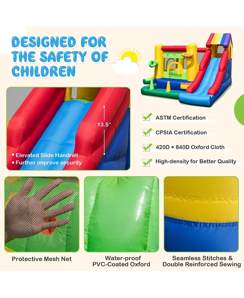 Costway Kids Colorful Rainbow Inflatable Bounce Castle with 50 Ocean Balls & 735W Blower