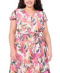 Vince Camuto Plus Printed Flutter-Sleeve Maxi Dress