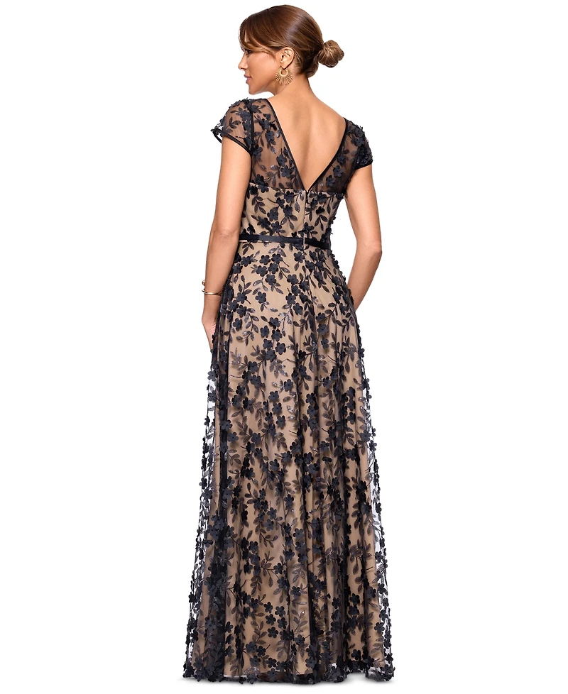 Xscape Petite Short-Sleeve Boat-Neck Embellished-Overlay Gown