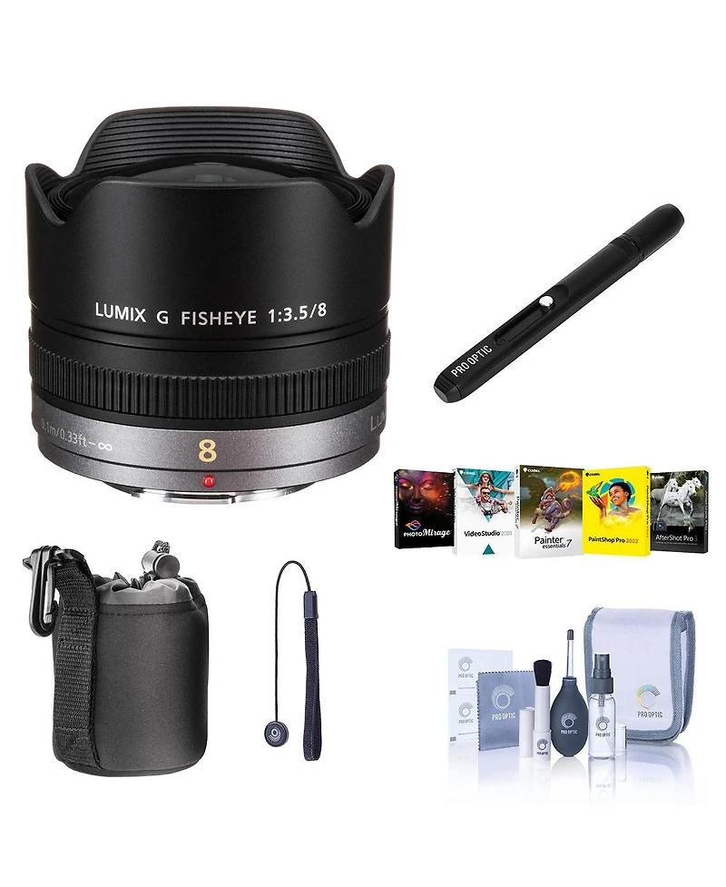 Panasonic Lumix G Fisheye 8mm f/3.5 Lens for Micro Four Thirds, Bundle with Cleaning Kit, Lens Case, Lens Cleaner, Lens Cap Tether, Software Kit