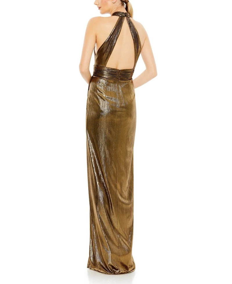 Mac Duggal Women's Metallic Criss Cross Halter Neck Gown