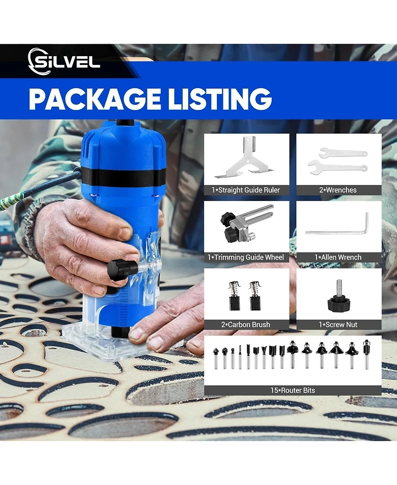 Silvel Wood Router, 800W Wood Routers for Woodworking, 6.5Amp 1.25HP Hand Wood Router Tool