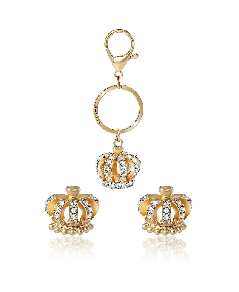Juicy Couture Gold-Tone Crystal Crown Keychain & Earring Set