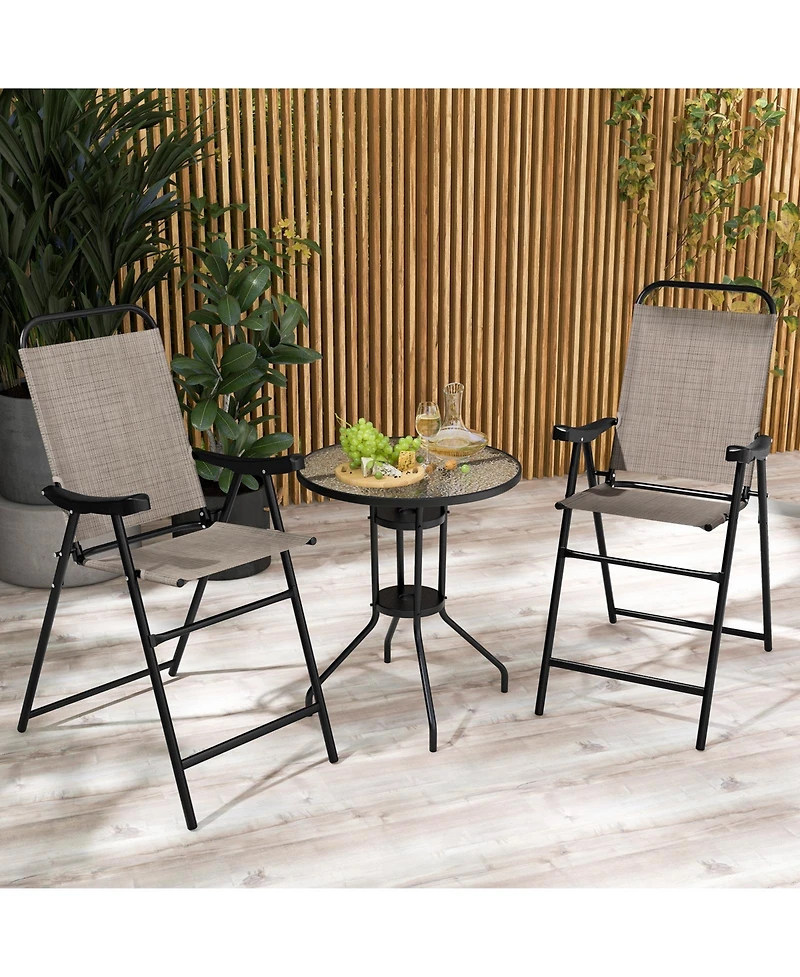 Patio Folding Bar Stool Set of 2 with Metal Frame and Footrest