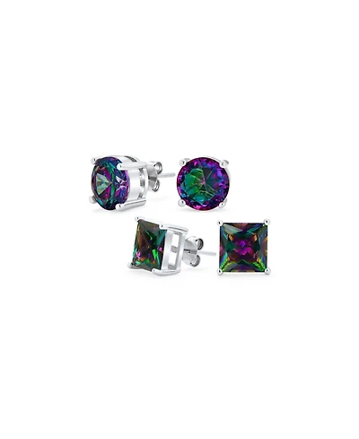 Bling Jewelry Set of 2 Round & Square Mystic Rainbow Cz Stud Earrings Sterling Silver