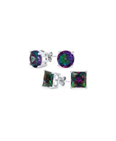 Bling Jewelry Set Of 2 Round Square Mystic Rainbow Cz Stud Earrings Sterling Silver 5 10mm
