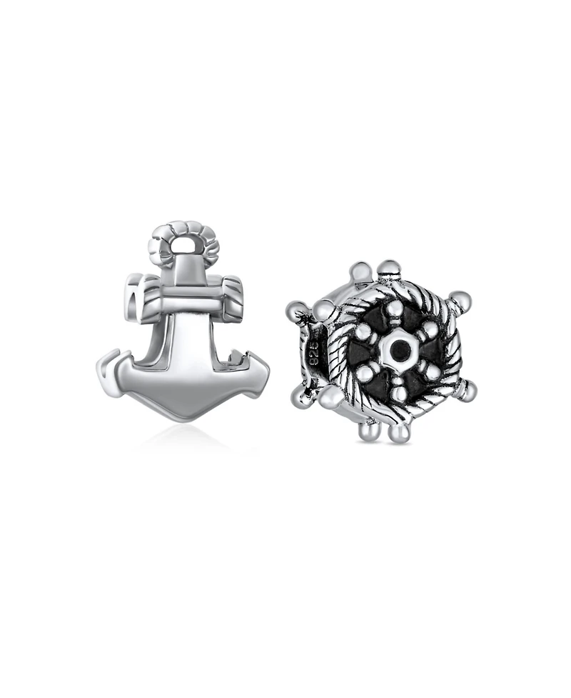 Bling Jewelry Set of 2 Nautical Boat Ship Wheel and Anchor Rope Charm Bead Sterling Silver