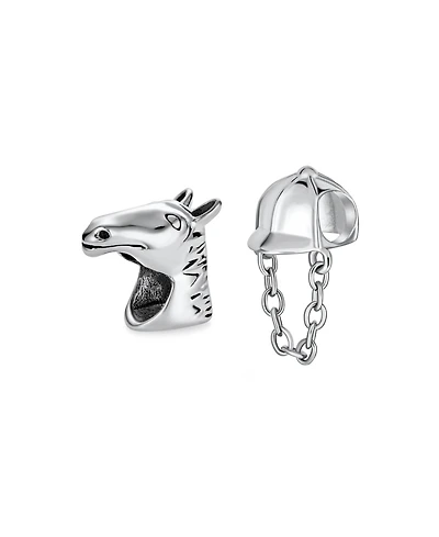 Bling Jewelry Set of 2 Western Horse and Jockey Equestrian Cap Hat Charm Bead Sterling Silver