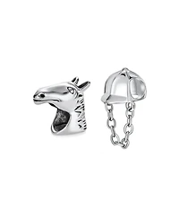 Bling Jewelry Set of 2 Western Horse and Jockey Equestrian Cap Hat Charm Bead Sterling Silver