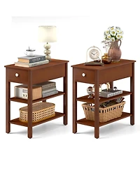 3-Tier Narrow End Table Set of 2 – With Drawer and Storage Shelves for Bedroom or Living Room Organization