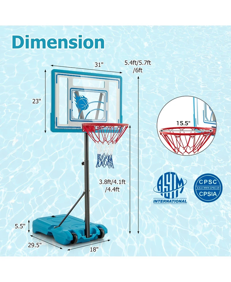 Height Adjustable Pool Basketball Hoop for Kids Teens and Adults