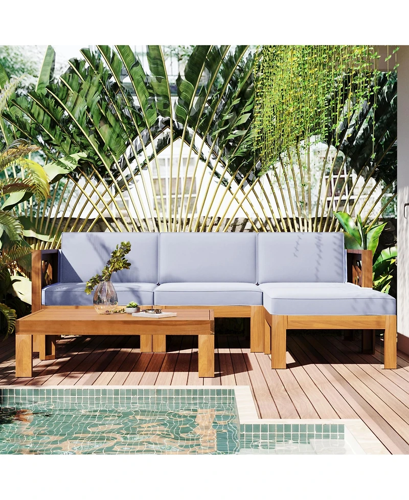 Mondawe Outdoor Wood 5-Piece Sectional Sofa Seating Group Set with Cushions