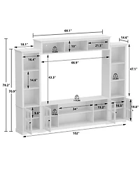 Grey Tv stand with top, left and right cabinets, multi-purpose media wooden console, entertainment center with tempered glass
