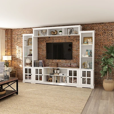 Grey Tv stand with top, left and right cabinets, multi-purpose media wooden console, entertainment center with tempered glass