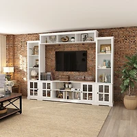 Grey Tv stand with top, left and right cabinets, multi-purpose media wooden console, entertainment center with tempered glass