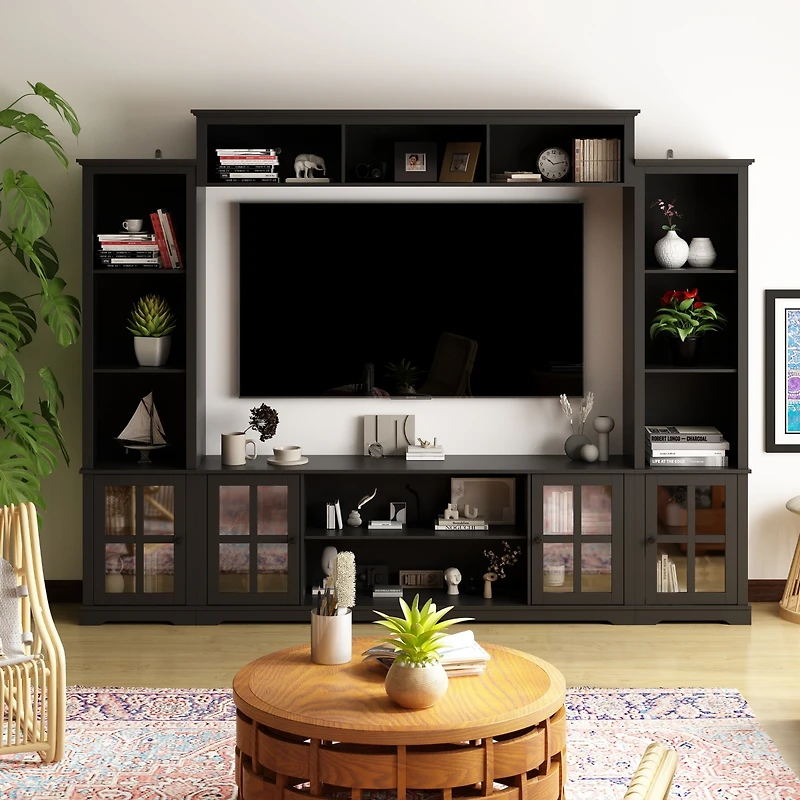 Grey Tv stand with top, left and right cabinets, multi-purpose media wooden console, entertainment center tempered glass